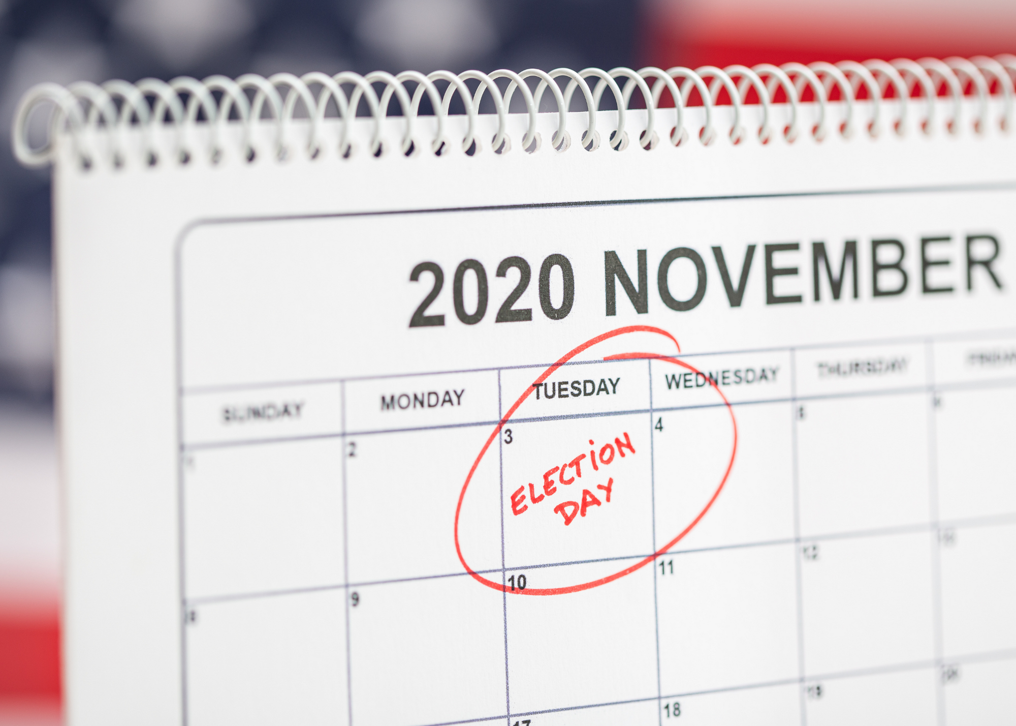 2020 November calendar page with election day noted