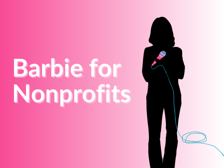 Bright pink graphic with black silhouette of woman holding a pink microphone. White text reads Barbie for Nonprofits.