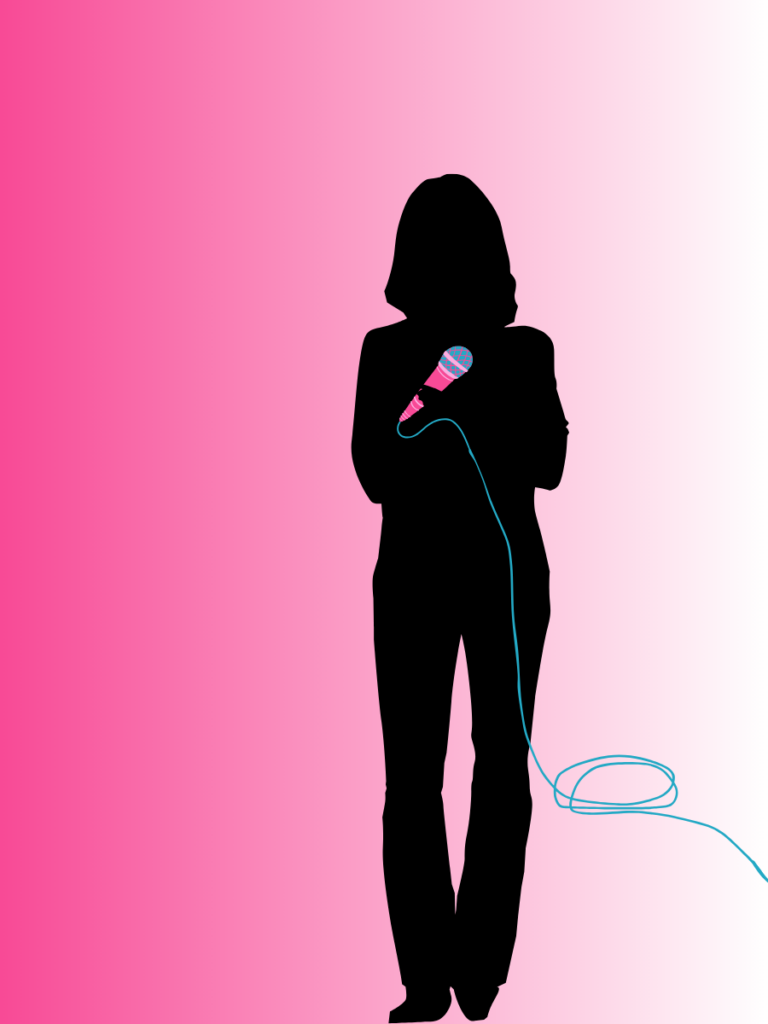 Black silhouette of woman holding a pink microphone with a bright pink background.
